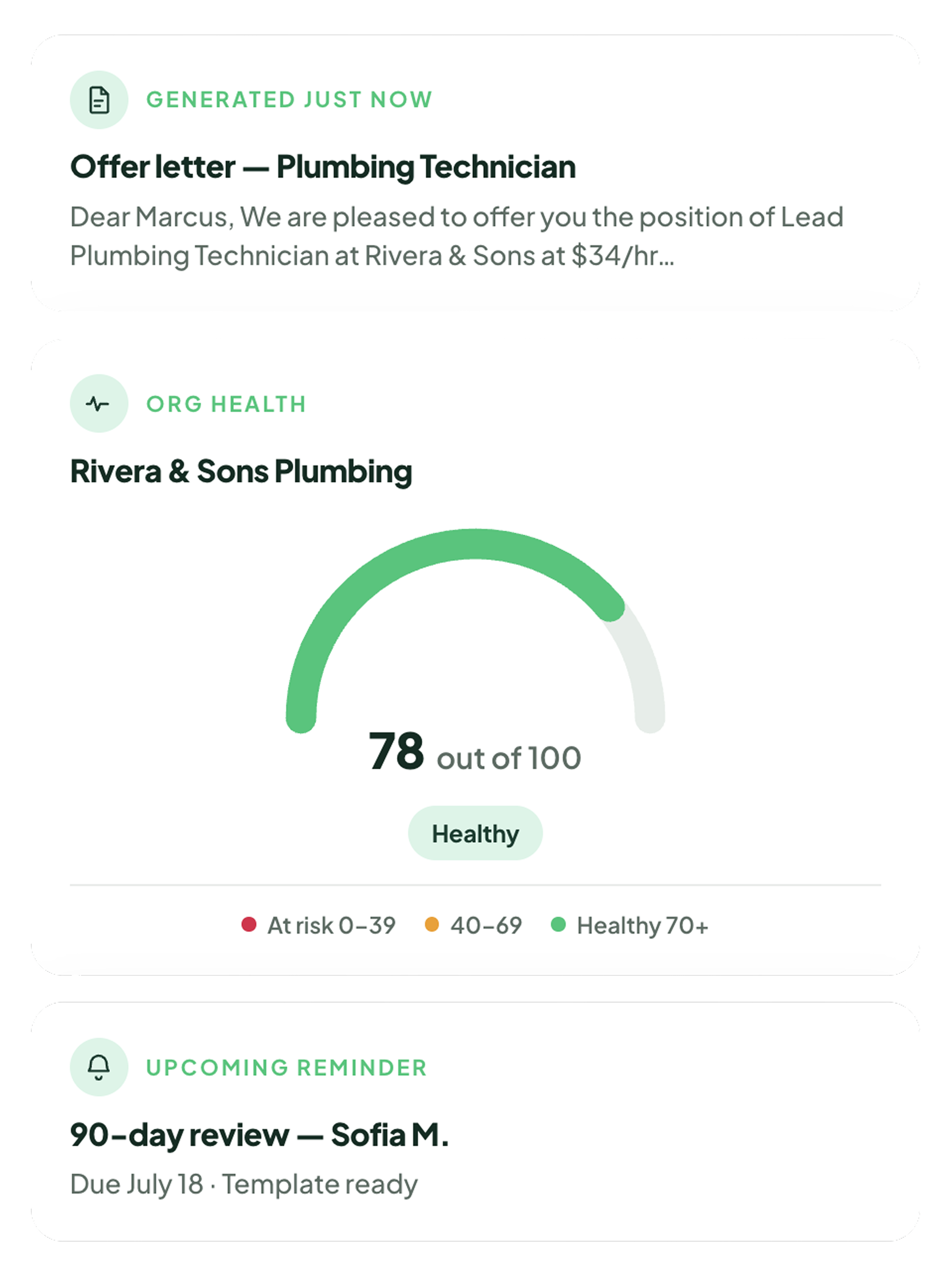 Workbench HR activity cards showing a generated offer letter, org health score, and an upcoming review reminder