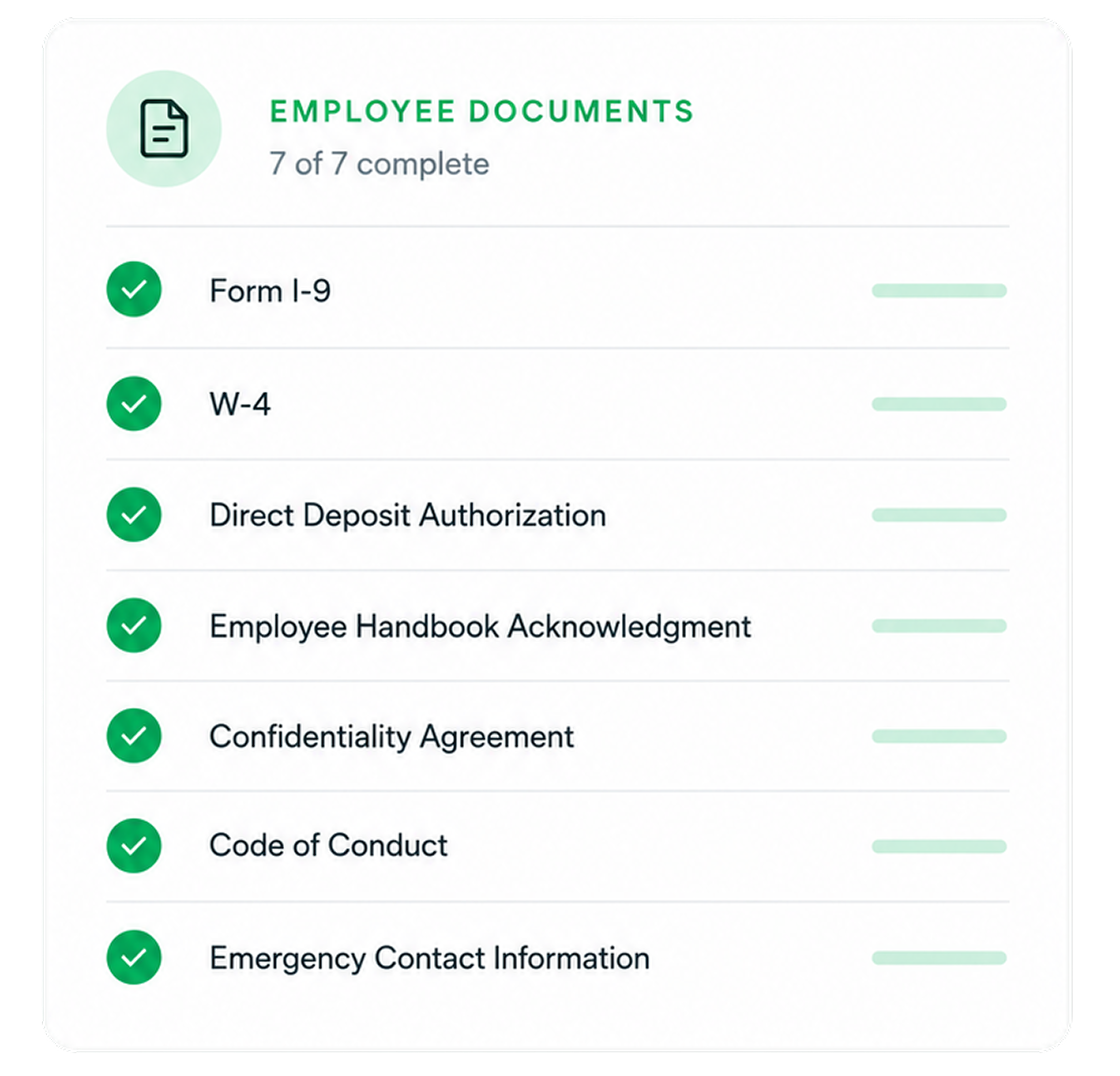 Employee documents checklist with Form I-9, W-4, direct deposit, and other onboarding items marked complete